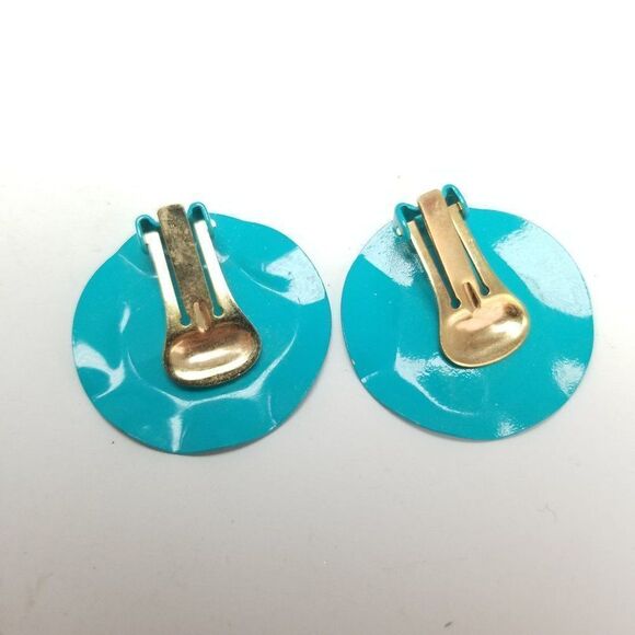 Vintage Funky Teal Blue Clip On Earrings, Retro 80s Style Enamel - Picture 3 of 5